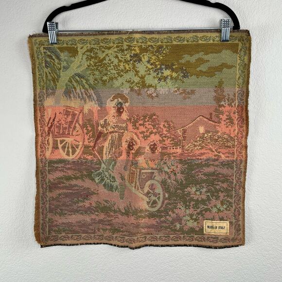 Antique Made in Italy Square Woven Tapestry Wall Decor Kids Playing Gathering - Picture 7 of 7